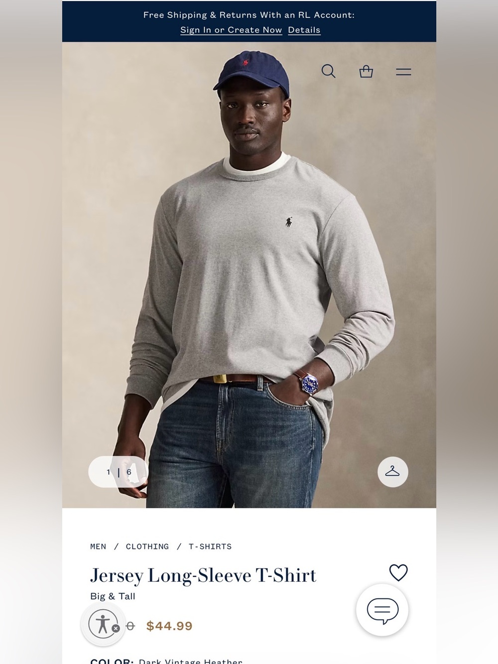 NWOT Ralph Lauren Light Gray Long-Sleeve Jersey Tee size M